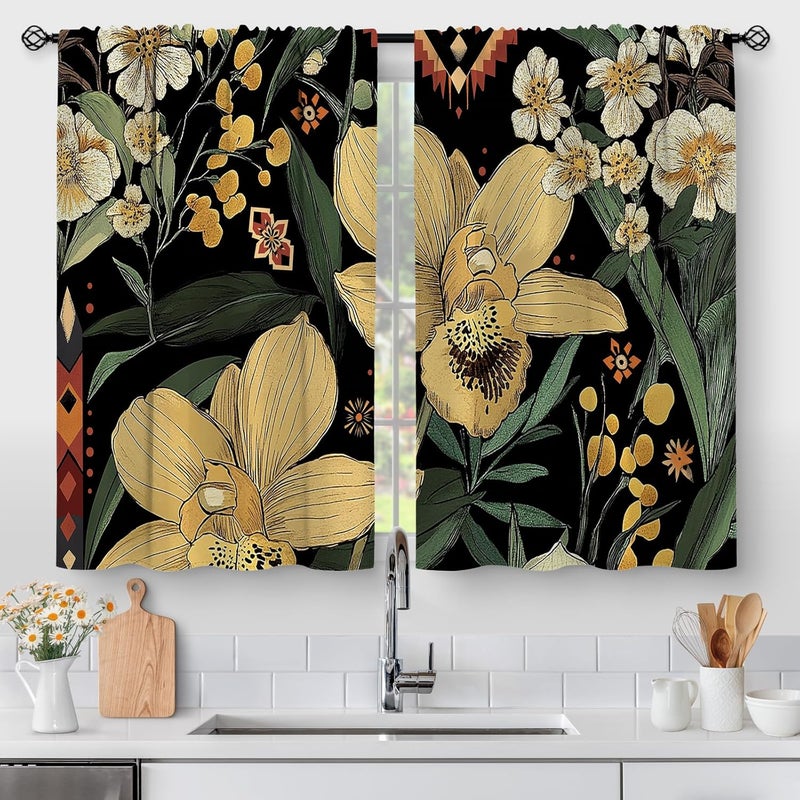 Aimego Boho Floral Kitchen Curtains - Rustic Small Short Cafe Tier Curtains for Living Room Rod Pocket Window Drapes 36 Inch Length 2 Panels Set 28"x36" - Image 1